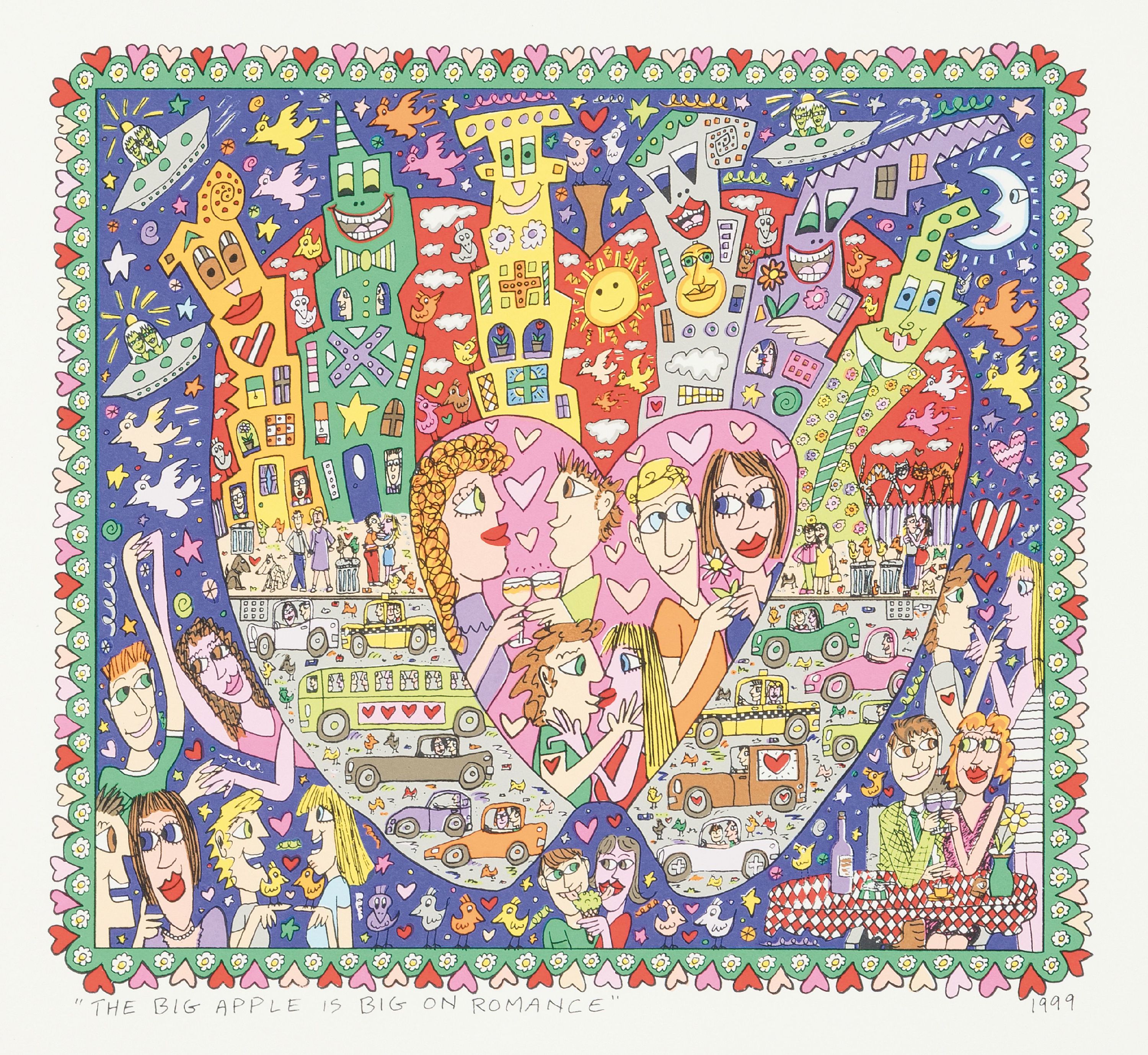 James Rizzi, 1950-2011, "The big apple is big on Romomance", Farbserigrafie von 1999, gerhamt, R., gesamt ca. 53x54 cm