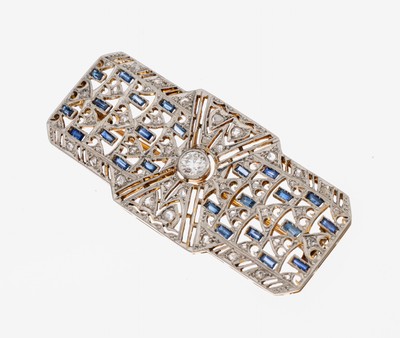Image 26917324 - 18 kt Gold Art Deco Diamant-Saphir-Brosche, um1920-30, GG 750/000, schauseitig Platin, ...