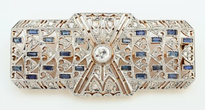 26917324a - 18 kt Gold Art Deco Diamant-Saphir-Brosche, um1920-30, GG 750/000, schauseitig Platin, ...