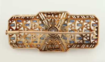 26917324b - 18 kt Gold Art Deco Diamant-Saphir-Brosche, um1920-30, GG 750/000, schauseitig Platin, ...