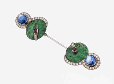 Image 26917333 - Ausgefallene 18 kt Gold Art Deco Jade- Farbstein-Brillant-Brosche, um 1925-30, WG ...