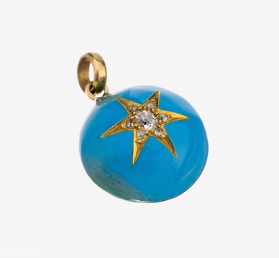 14 kt Gold Diamant-Anhänger, um 1890,  GG 585/000 gepr., rund, schauseitig türkisf. emailliert, 1 Altschliffdiamant und 6 Diamantrosen zus. ca. ...