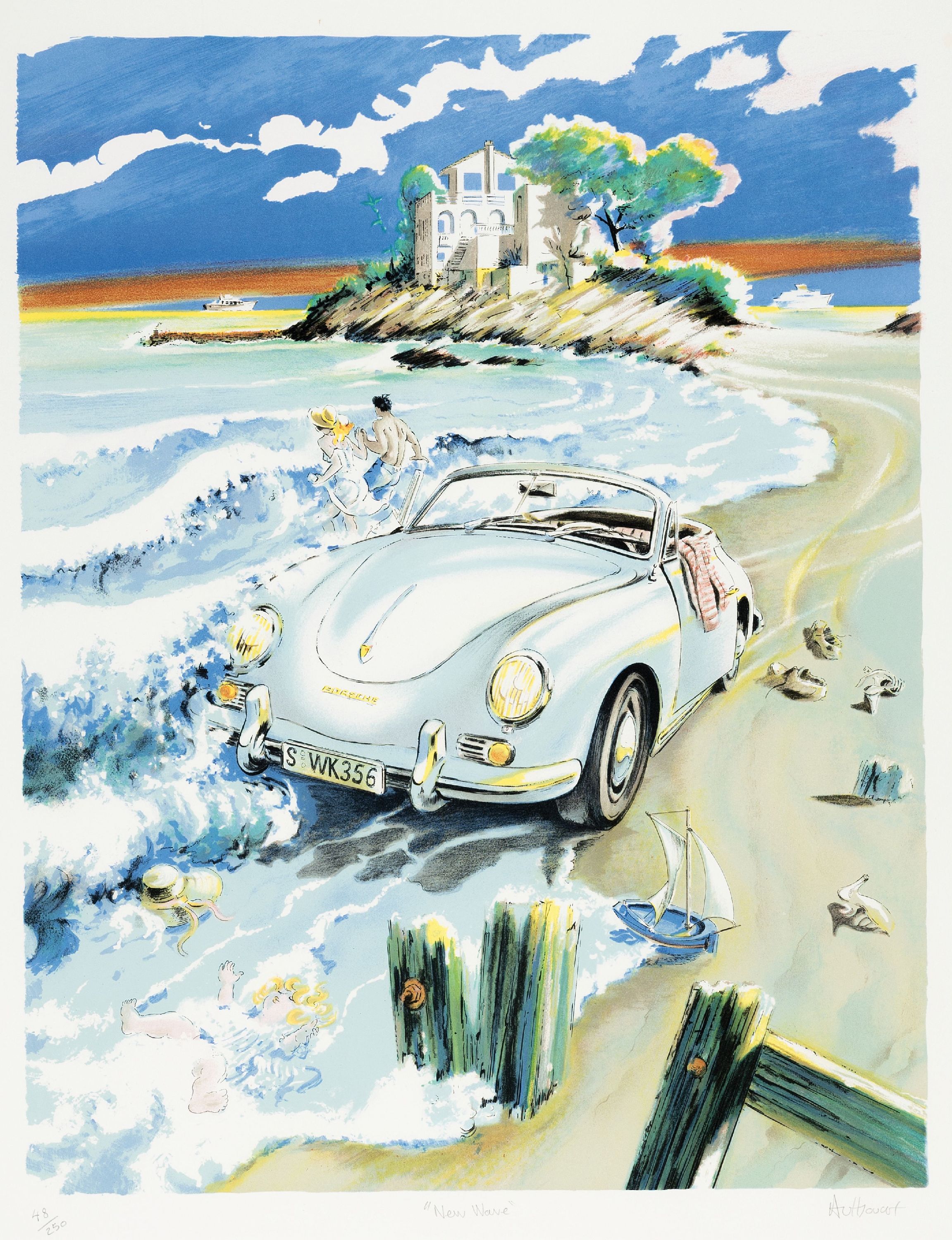 Daniel Authouart, geb. 1943, "New Wave", Lithografie, sign.,num. 48/250, unter Plexiglas gerahmt, gesamt ca. 65x85 cm