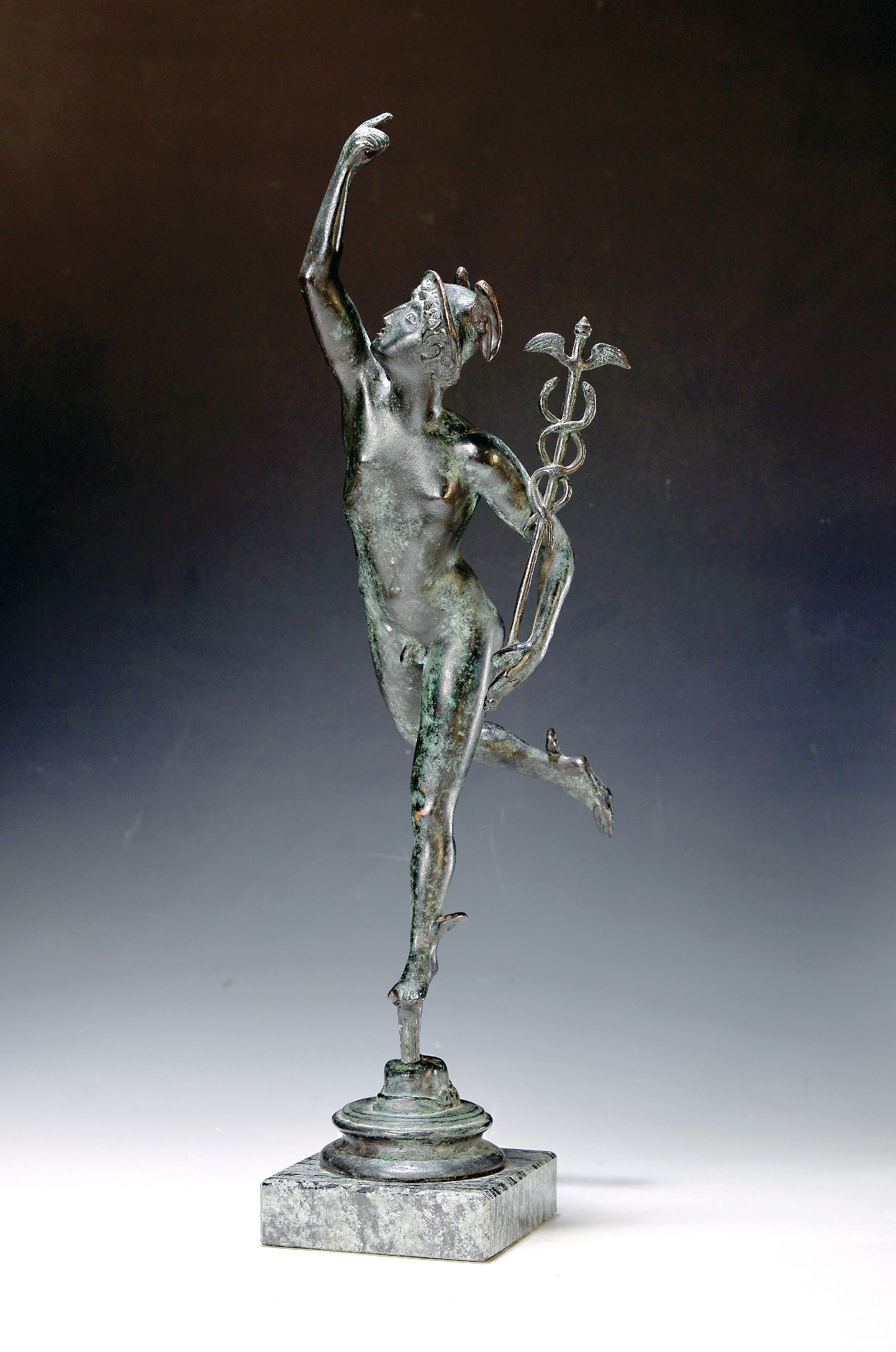 Nach Giovanni da Bologna (1529-1608), "Merkur", Bronzeskulptur, grünlich patiniert, Ed. 2/25, mit Signatur, bezeichnet, Kunstguss Strehle, ...