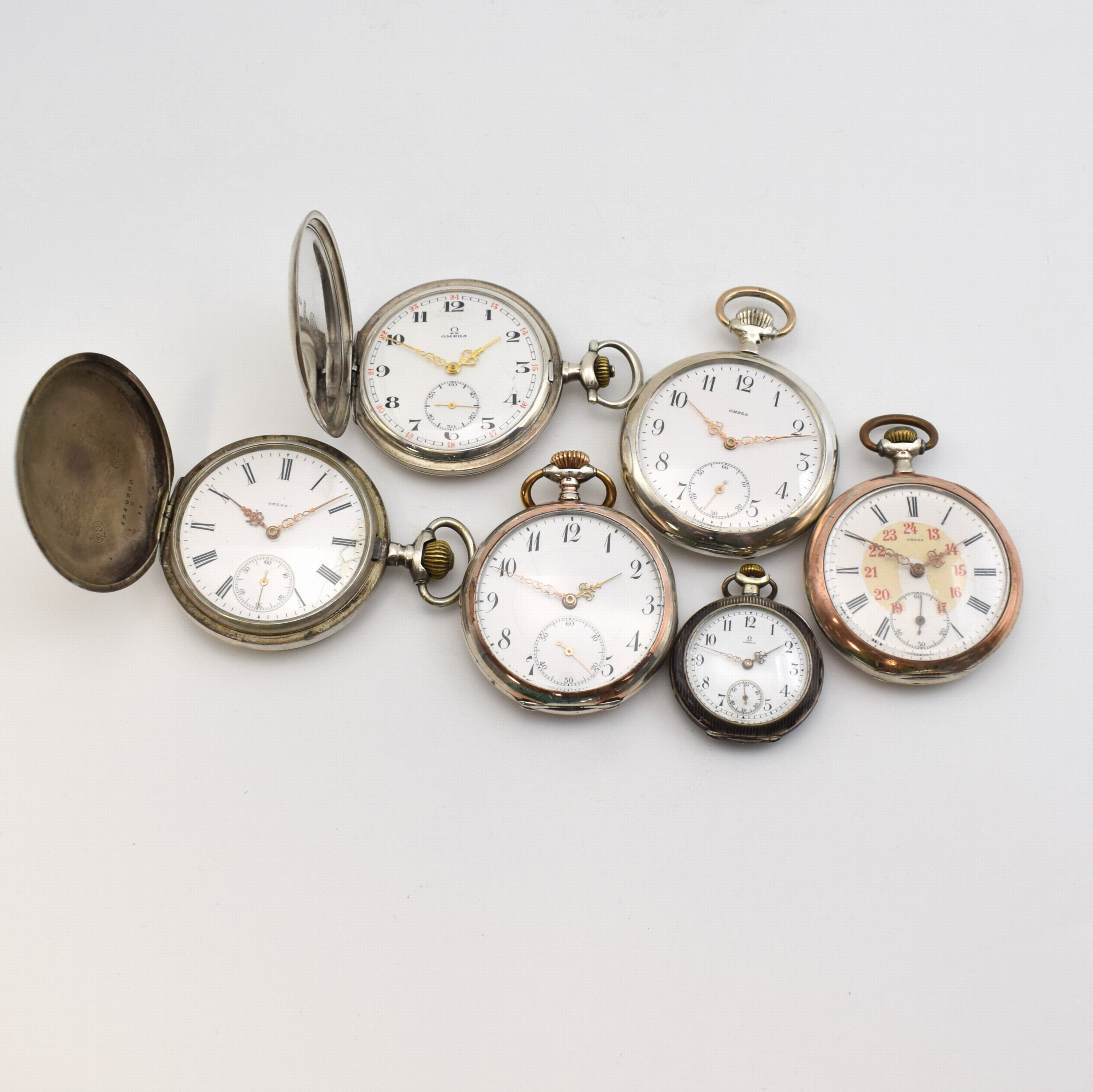 Konvolut: 6 Omega Taschenuhren in Silber, Schweiz um 1900 - 1920, 2 x Savonette, 4 x offene Geh., 1 x Damenuhr in Tula-Silber besch., ...