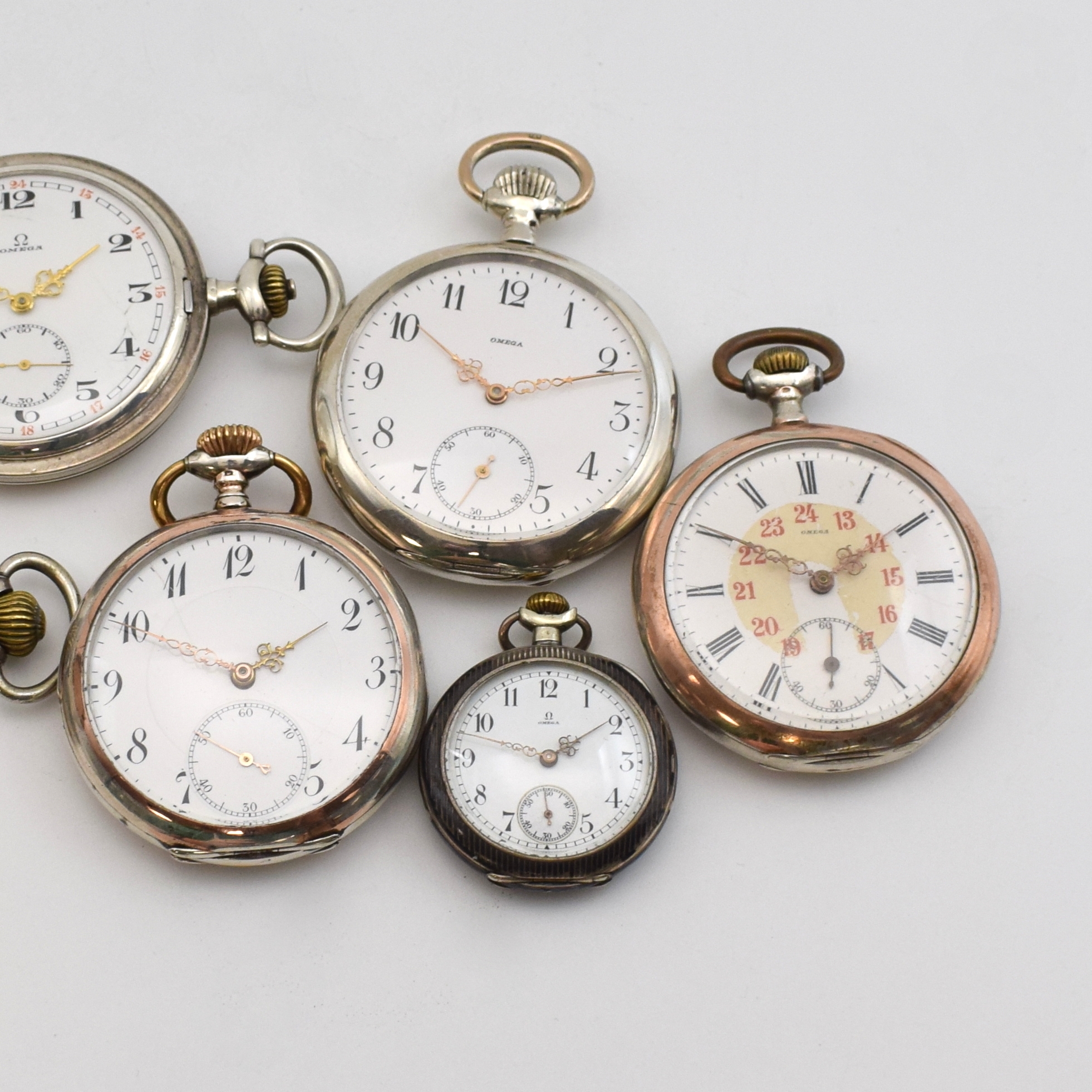Detail b: Konvolut: 6 Omega Taschenuhren in Silber, Schweiz um 1900 - 1920, 2 x Savonette, 4 x offene Geh., 1 x Damenuhr in Tula-Silber besch., ...