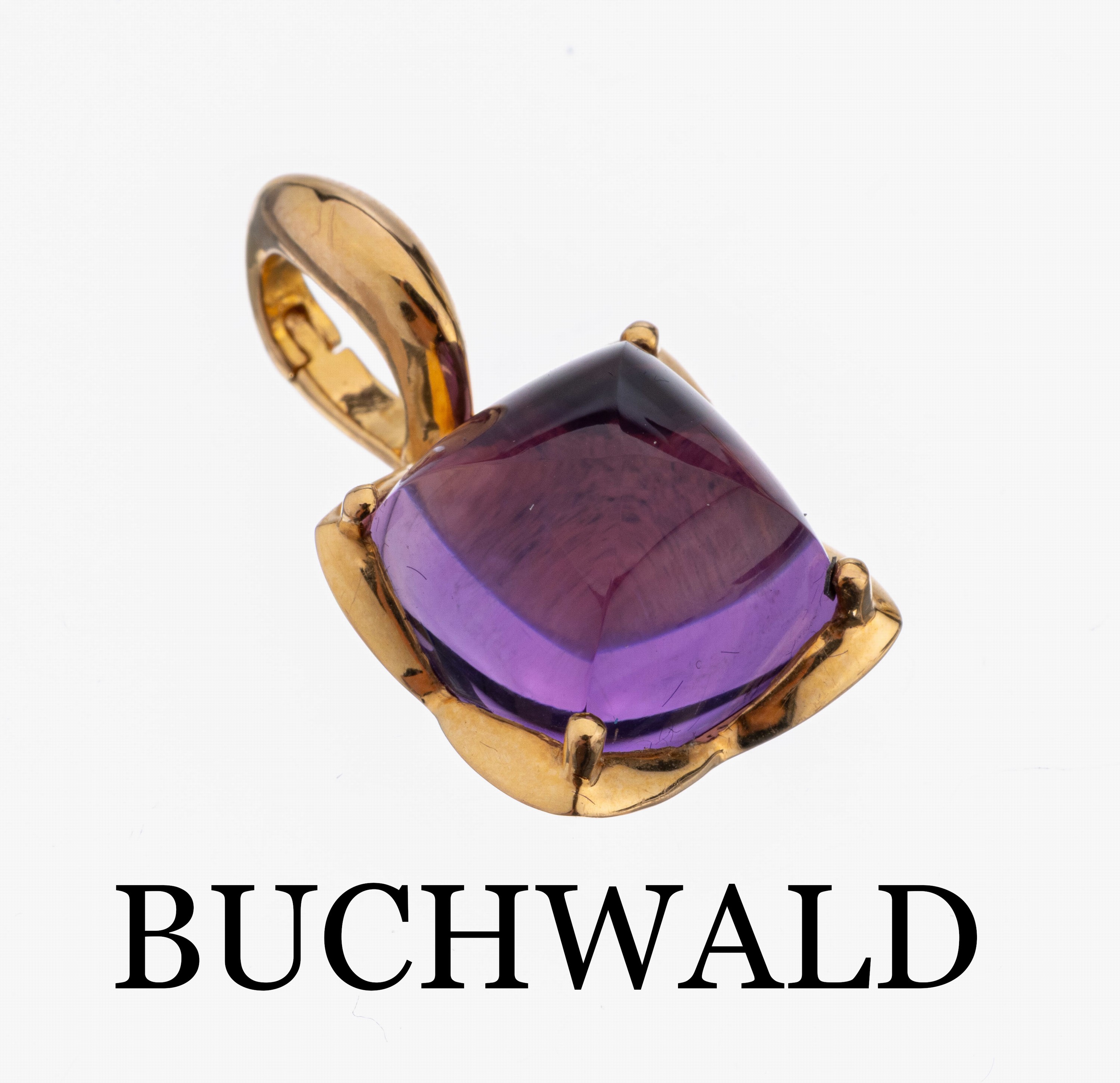18 kt Gold BUCHWALD Amethyst-Clipanhänger, RoseG 750/000, kissenf. Amethyst-Cabochon ca. 9.50 ct, ca. 6.4 g, L. ca. 2.5 cm, sign.