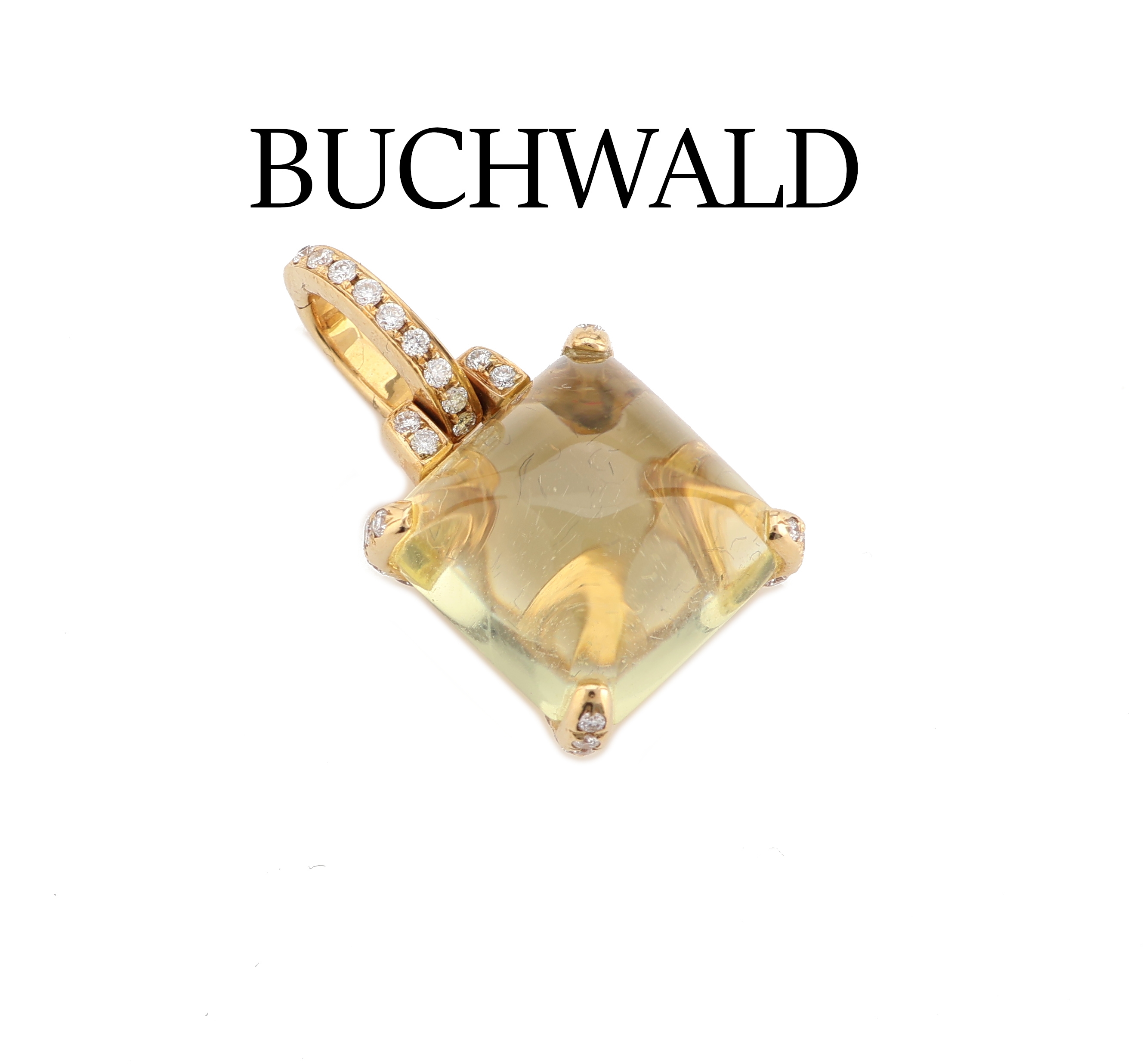 18 kt Gold BUCHWALD Citrin-Brillant- Clipanhänger, GG 750/000, Citrin-Cabochon ca. 4.0 ct, 34 Brillanten zus. ca. 0.20 ct Weiß/si, ca. 4.5 g, sign.