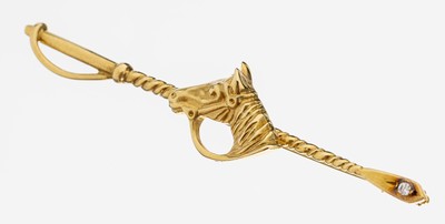 Image 14 kt Gold Brillant-Brosche, GG 585/000, in Form einer Gerte, mittig Pferdekopf, ...