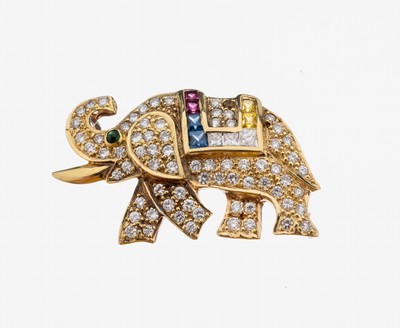 Image 26917453 - 14 kt Gold Brillant-Farbstein-Brosche "Elefant", GG 585/000, Brillanten zus. ...