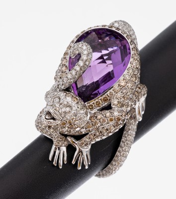 Image Ausgefallener 18 kt Gold Amethyst-Brillant- Ring "Affe", WG 750/000, facett. ...