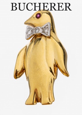 Image 18 kt Gold BUCHERER Diamant-Rubin-Brosche, "Pinguin", GG/WG 750/000, Auge ...