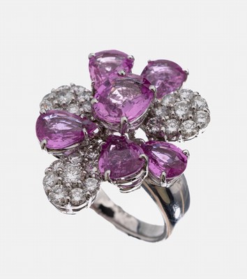 Image 18 kt Gold Saphir-Brillant-Ring, WG 750/000, florale Gestaltung, 6 facett. pinkf. ...