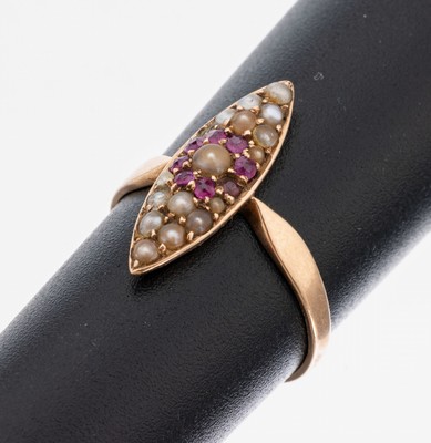 Image 14 kt Gold Rubin-Perl-Ring, um 1890-1900, RG 585/000 gepr., 8 rundfacett. Rubine zus. ...