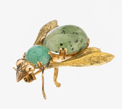 Image 18 kt Gold Jade-Amazonit-Brosche "Insekt", 750/000, ovaler Jadecabochon, ...