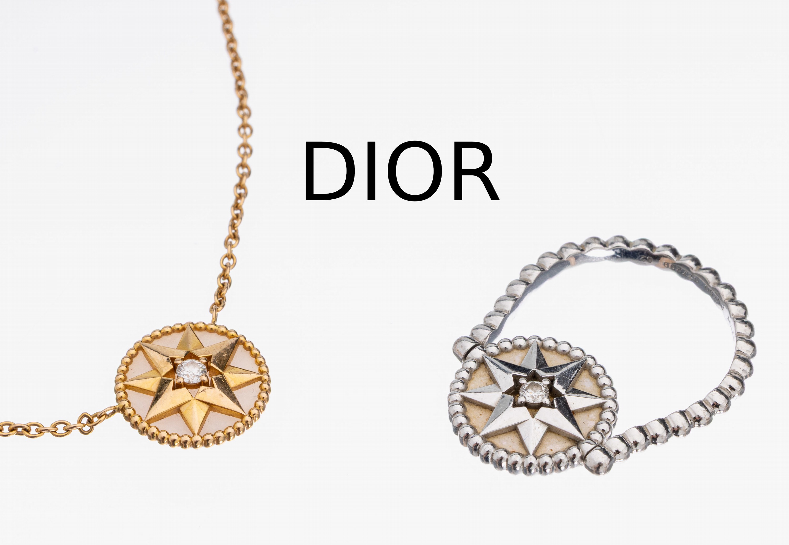 Detail a: 18 kt Gold DIOR Schmuckset "Rose de Vents", WG/GG 750/000, best. aus: 1 Ring, WG, RW 52, ca. 3.8 g, und 1 Collier, GG, L. variabel ...