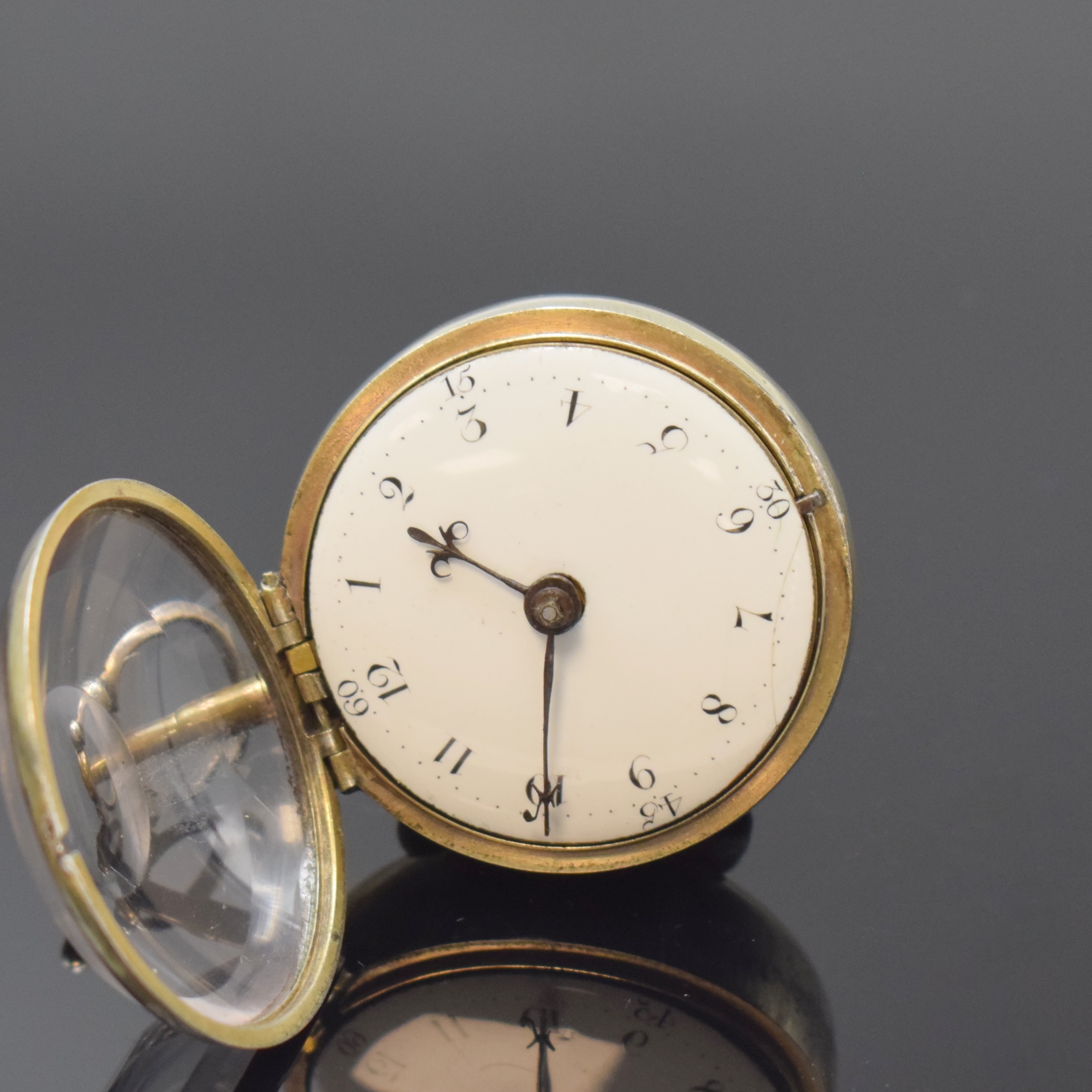 Detail c: JAMES ELLISON Silber Spindeltaschenuhr, London lt. Hallmark 1766, Übergeh. m. Schildpatt dell., riss. Emailzifferbl. später, arab. Zahlen, gebl. ...