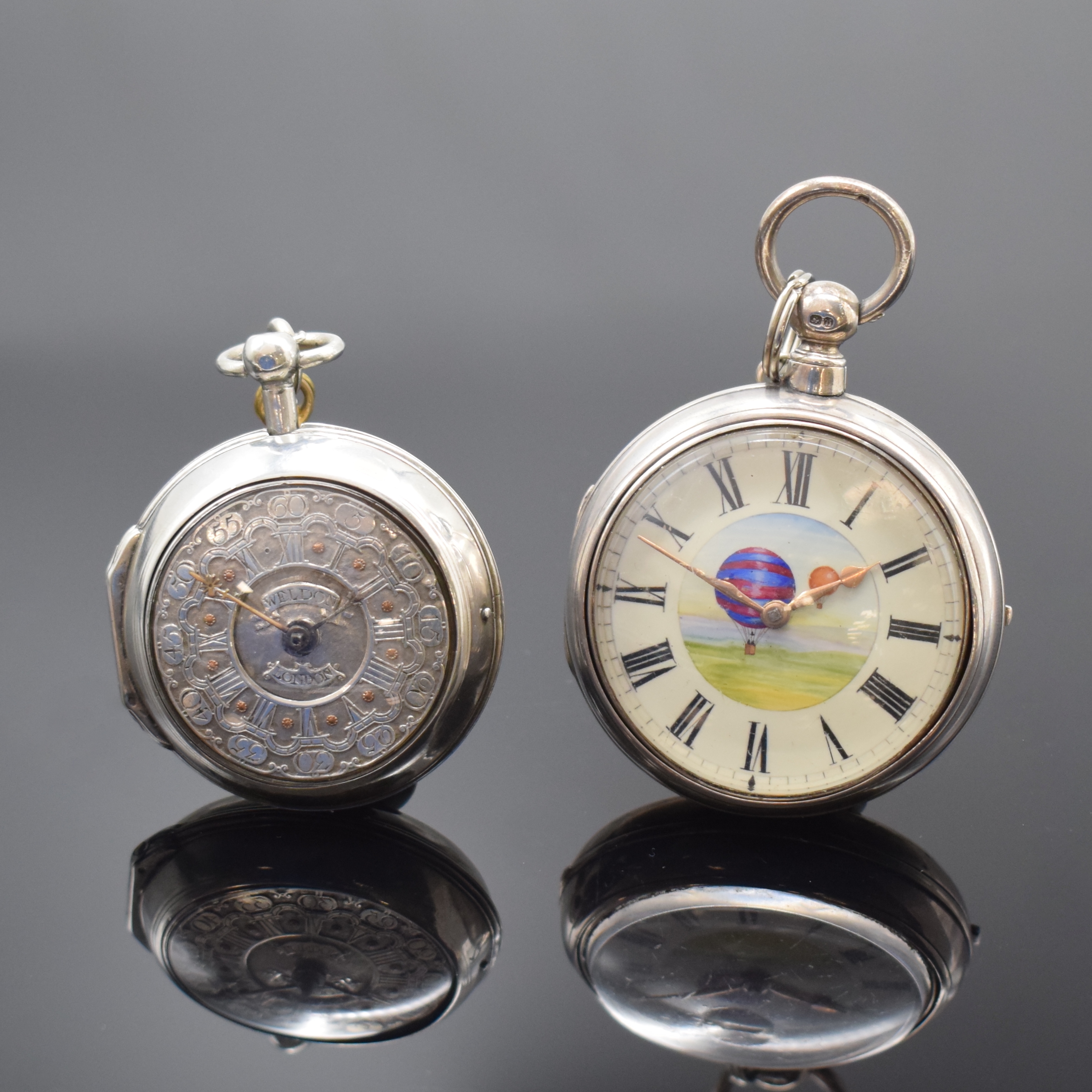 WELDON und NELMES 2 Spindeltaschenuhren in Silber, London lt. Hallmarks 1785 u. 1823, Geh. sowie 2 Übergeh. dell., 1x Emailzifferbl. mittig m. ...