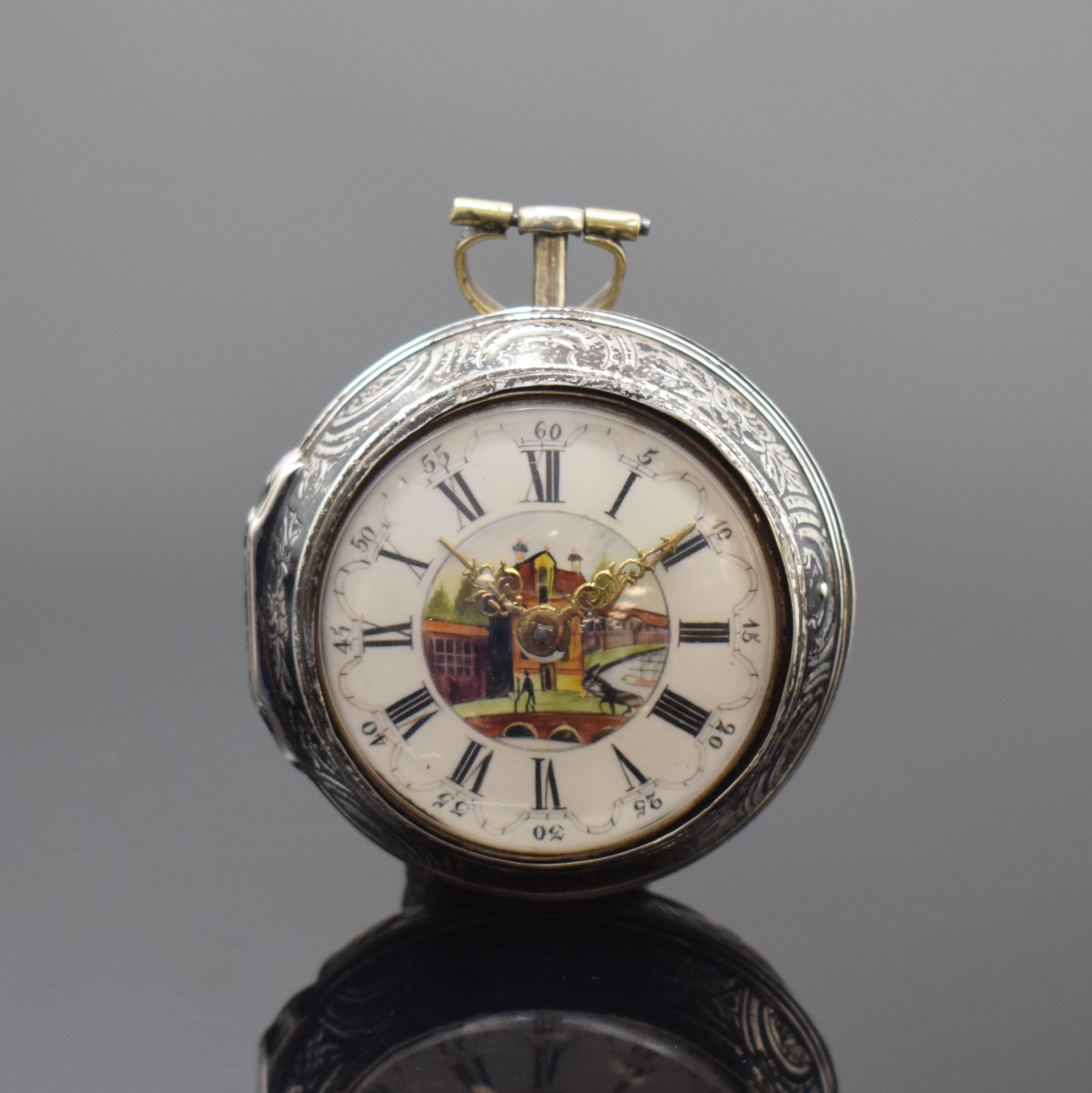 Spindeltaschenuhr in Silber, London lt. Hallmark 1783, grav. Übergeh., Silbergeh. dell., Emailzifferbl. m. röm. Zahlen, im Zentrum m. Emailmalerei, ...