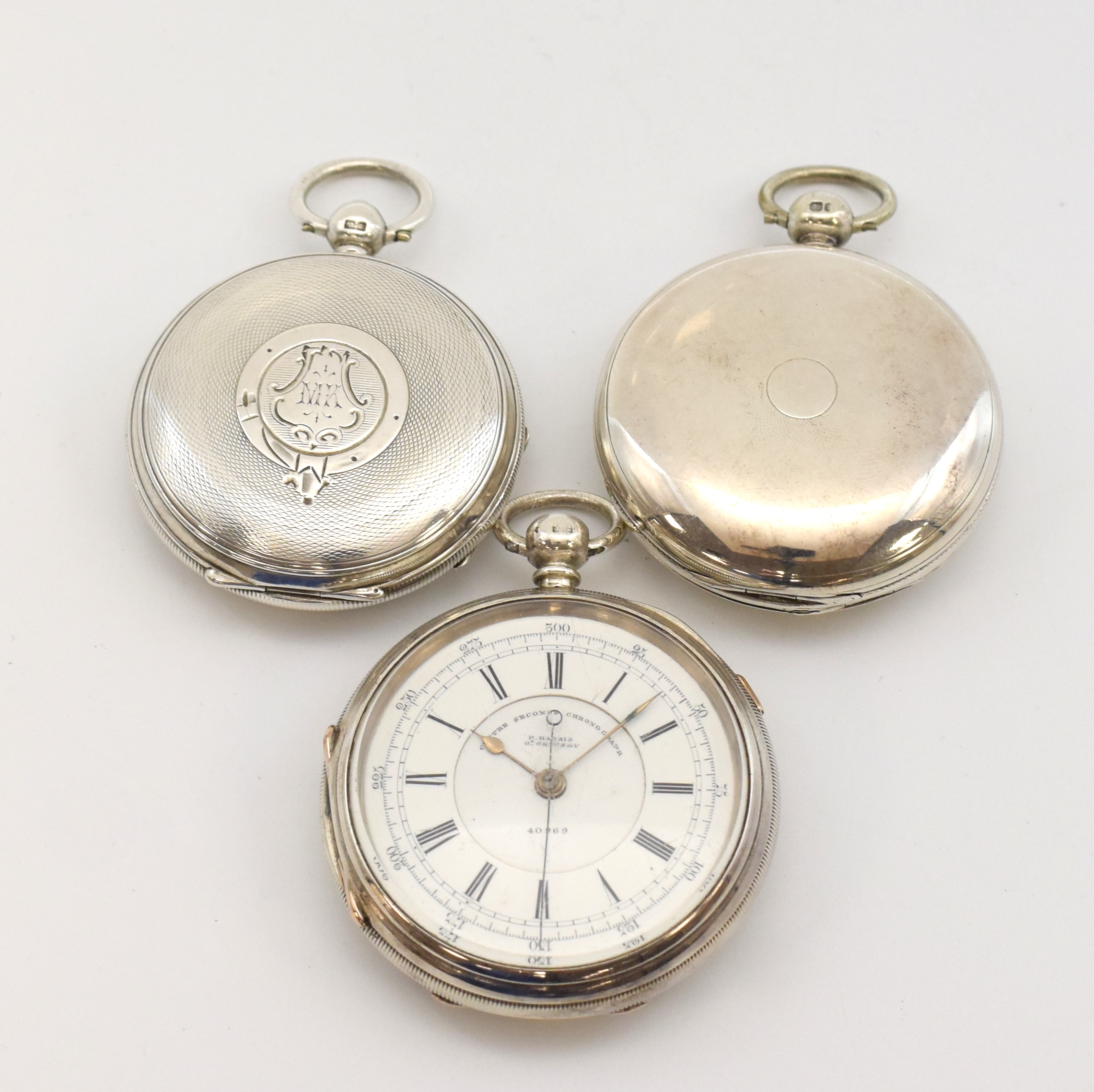 Detail a: Konvolut: 3 schwere englische Taschenuhren in Sterlingsilber, um 1880, verg. Werke m. Spitzzahnankerhemmung, Kette u. Schnecke, 2x Savonette-Geh., 1x ...