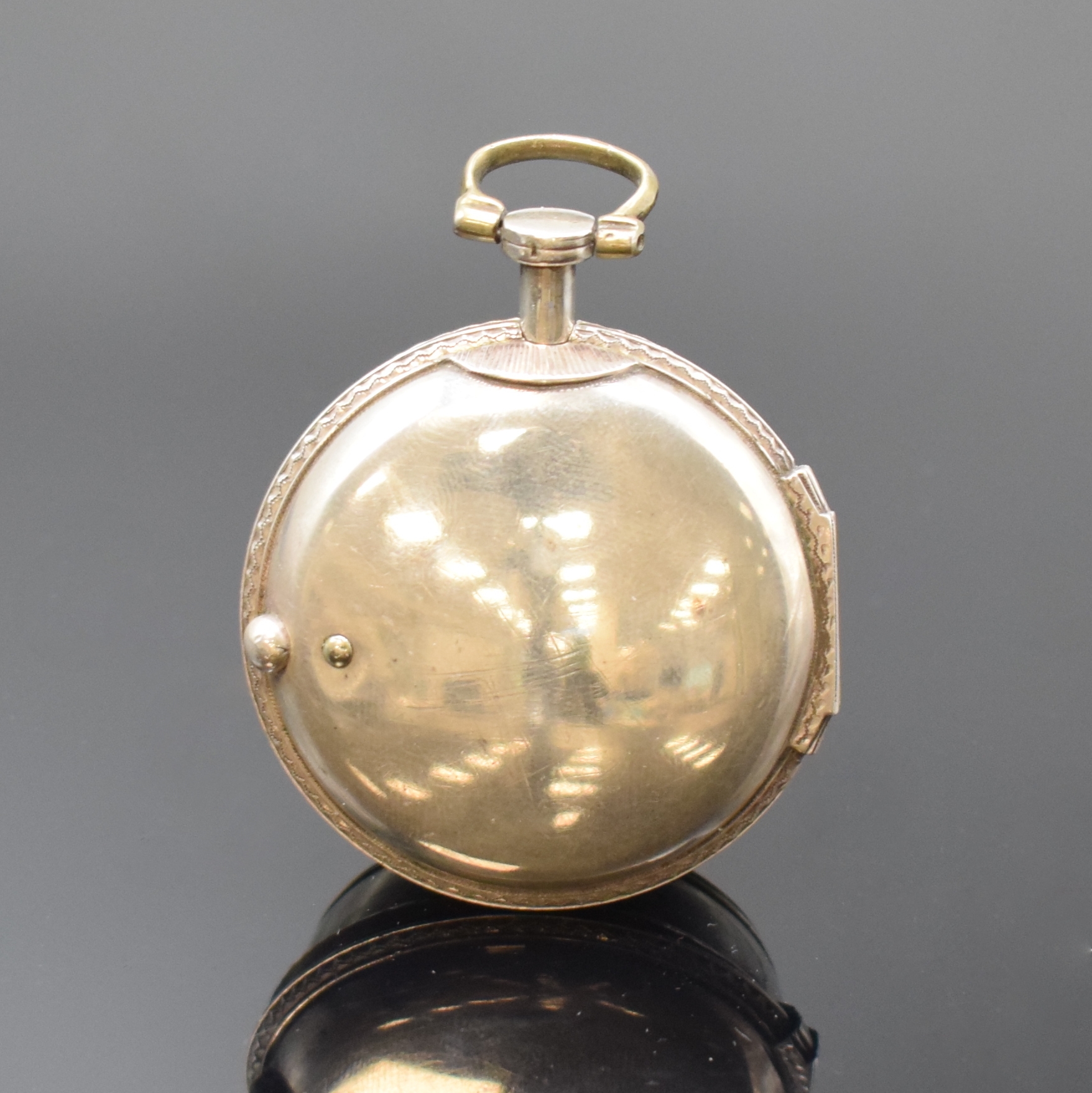 Detail c: EDWARD PRIOR Spindeltaschenuhr in Silber, London lt. Hallmark 1842, Geh. sowie 3 Übergeh. (1x Schildpatt) dell., Emailzifferbl. riss., ...