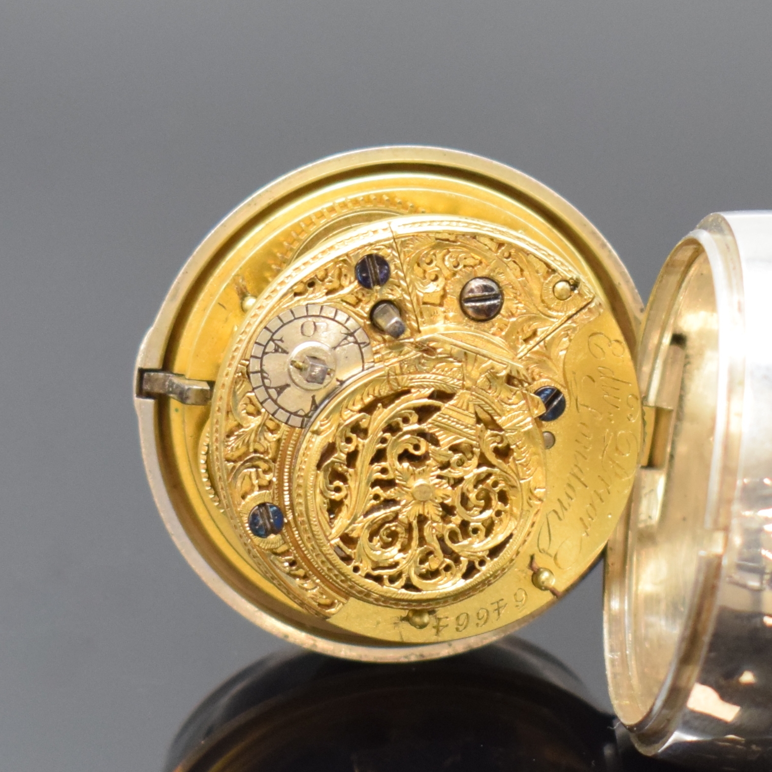 Detail g: EDWARD PRIOR Spindeltaschenuhr in Silber, London lt. Hallmark 1842, Geh. sowie 3 Übergeh. (1x Schildpatt) dell., Emailzifferbl. riss., ...