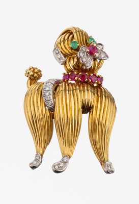 Image 18 kt Gold Farbstein-Diamant-Brosche "Pudel", GG/WG 750/000, 2 rundfacett. ...