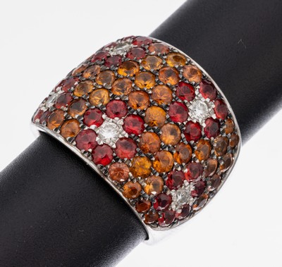 Image 18 kt Gold Granat-Brillant-Ring, WG 750/000, rundfacett. Granate in Rot und Orangezus. ...