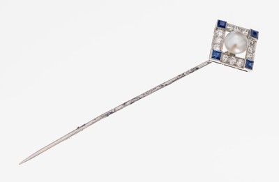 Image 18 kt Gold Diamant-Saphir-Perl-Anstecknadel, WG 750/000, mittig Zuchtperle, D. ca. 6.8 ...