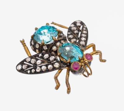 Image 26917540 - Farbstein-Diamant-Brosche "Fliege", Silber gepr., rs. verg., 2 facett. blaue ...