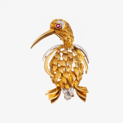 Image 18 kt Gold Diamant-Rubin-Brosche "Vogel", GG/WG 750/000, Auge rundfacett. ...