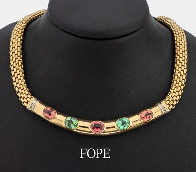 Image 26917560 - 18 kt Gold FOPE Turmalin-Collier, GG/WG 750/000, 5 ovalfacett. Turmaline-Cabochons im ...