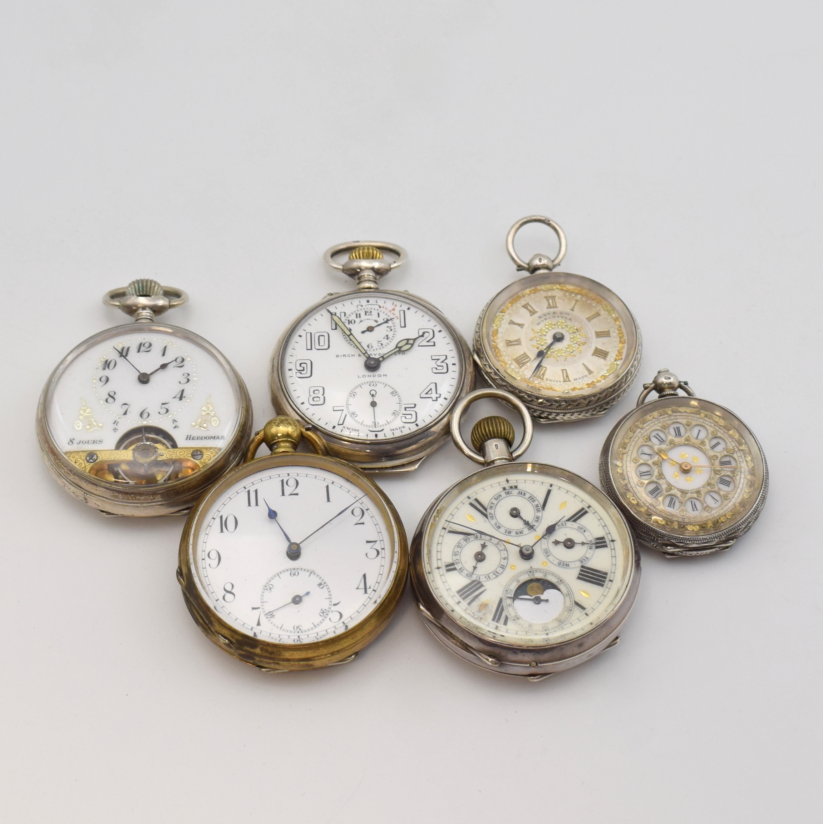 ZENITH offene Silbertaschenuhr mit Wecker sowie 5 weitere offene Taschenuhren, Schweiz um 1880-1920, 5 Silbergeh., 1x Messing, 1x Hebdomas 8 Tage, 1x ...