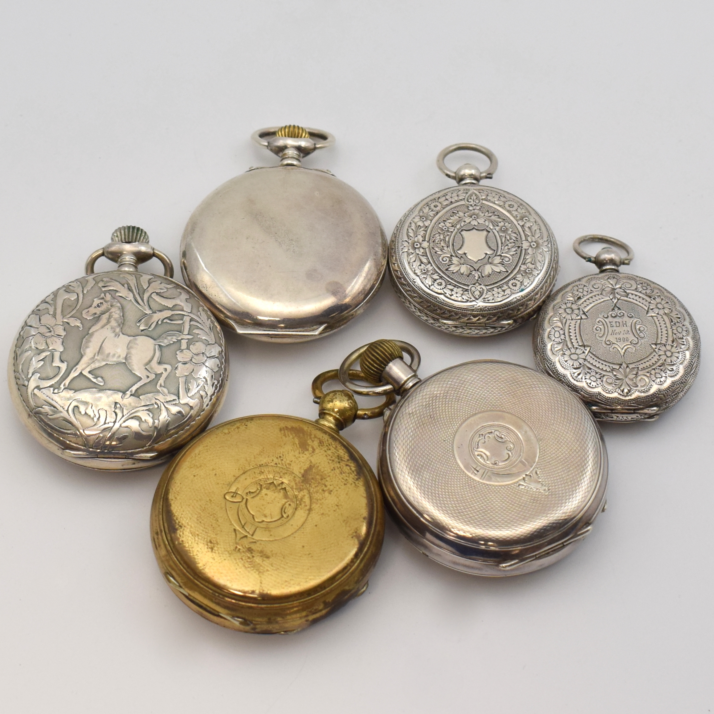 Detail a: ZENITH offene Silbertaschenuhr mit Wecker sowie 5 weitere offene Taschenuhren, Schweiz um 1880-1920, 5 Silbergeh., 1x Messing, 1x Hebdomas 8 Tage, 1x ...