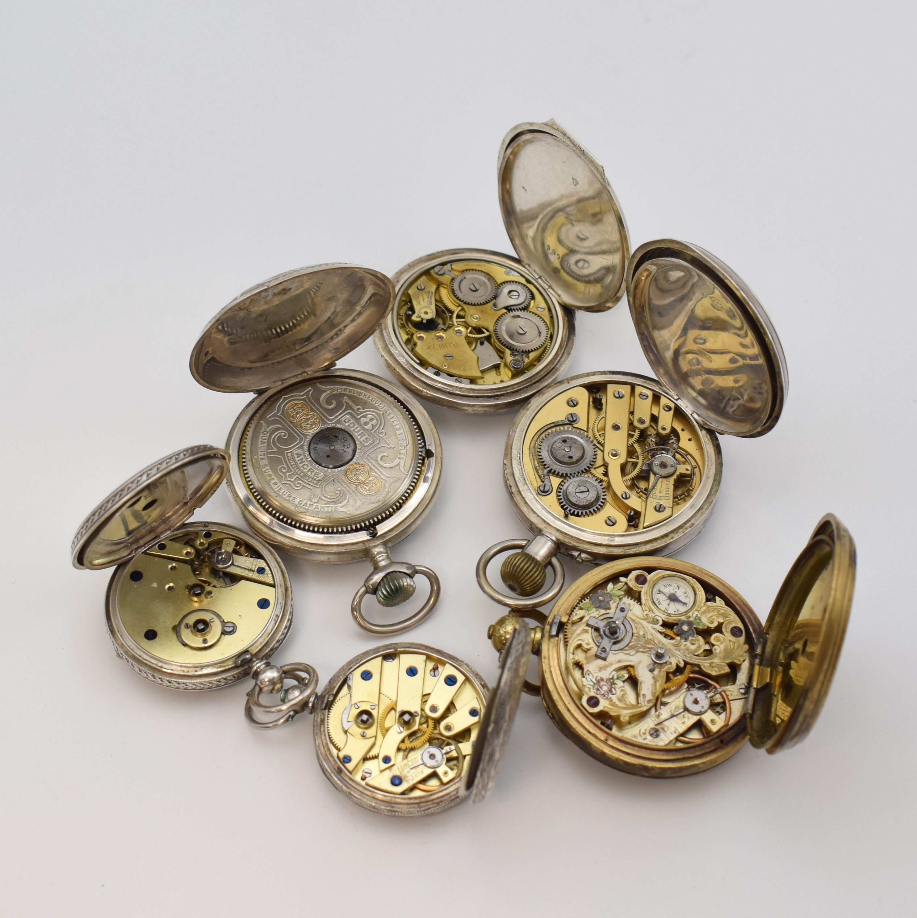 Detail b: ZENITH offene Silbertaschenuhr mit Wecker sowie 5 weitere offene Taschenuhren, Schweiz um 1880-1920, 5 Silbergeh., 1x Messing, 1x Hebdomas 8 Tage, 1x ...