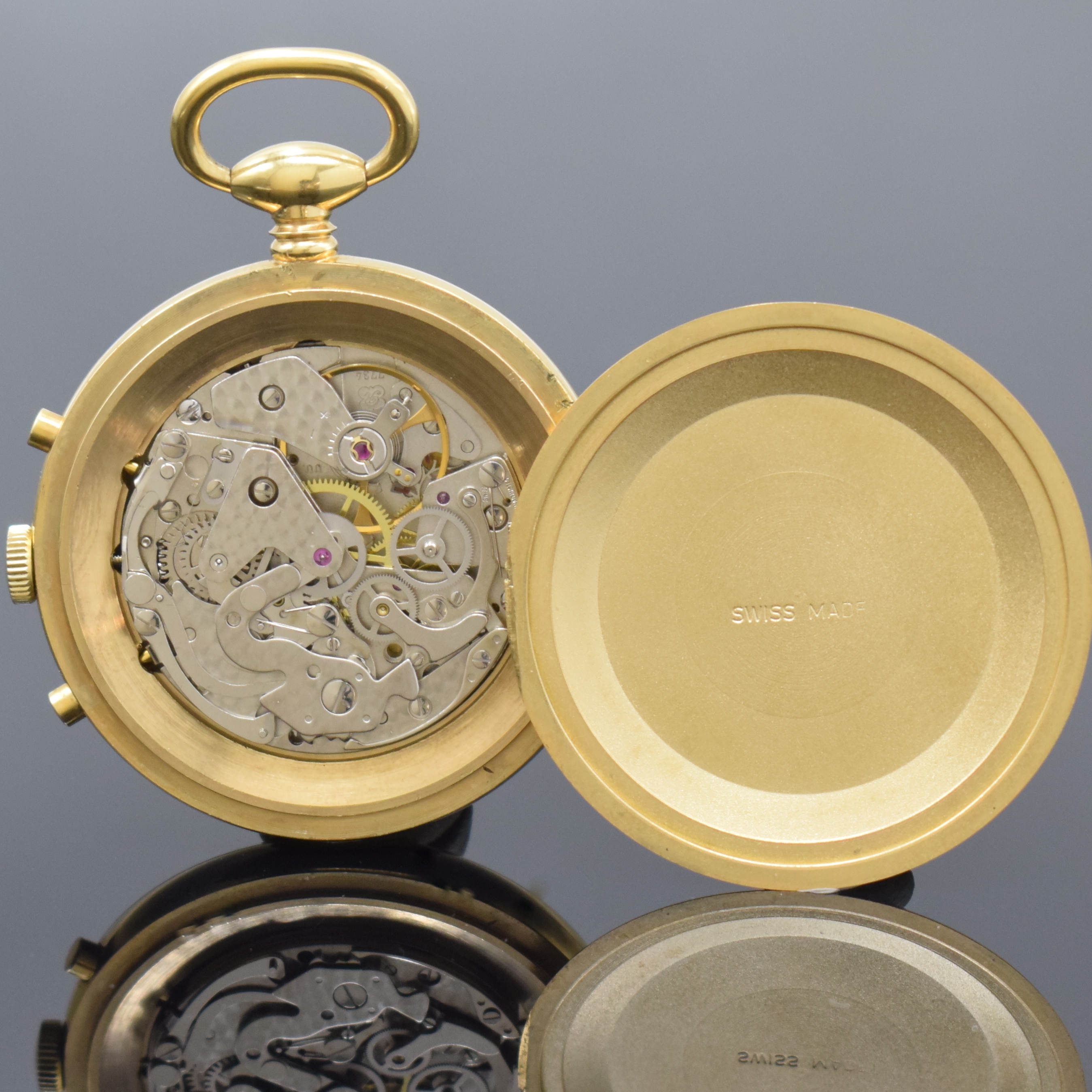 Detail b: BERNEY offene vergoldete Taschenuhr mit Mondphase und Chronograph, Schweiz um 1985, Handaufzug, Boden aufgedr., seitl. Korrekturdr., silb. Zifferbl. ...