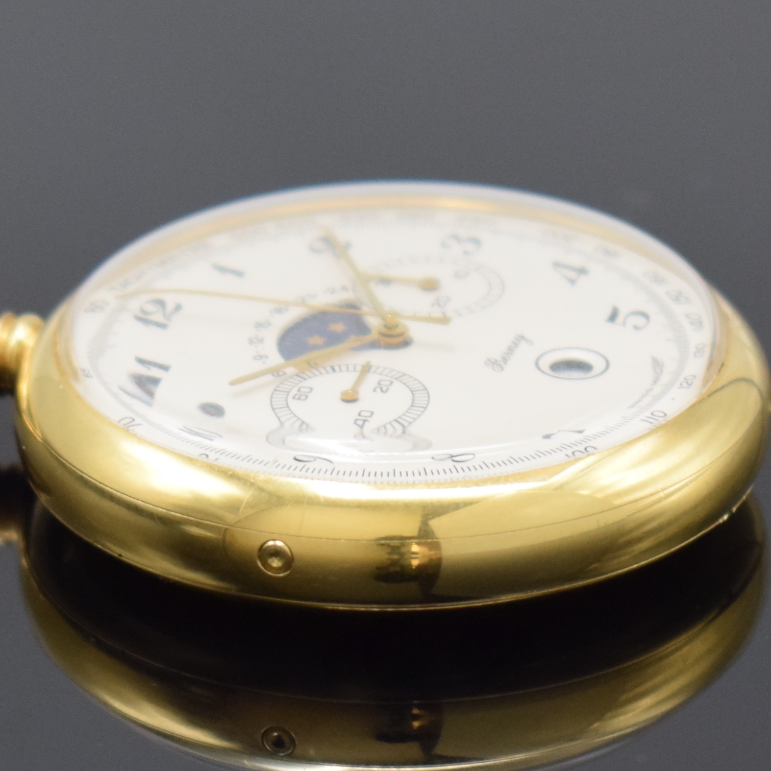 Detail c: BERNEY offene vergoldete Taschenuhr mit Mondphase und Chronograph, Schweiz um 1985, Handaufzug, Boden aufgedr., seitl. Korrekturdr., silb. Zifferbl. ...