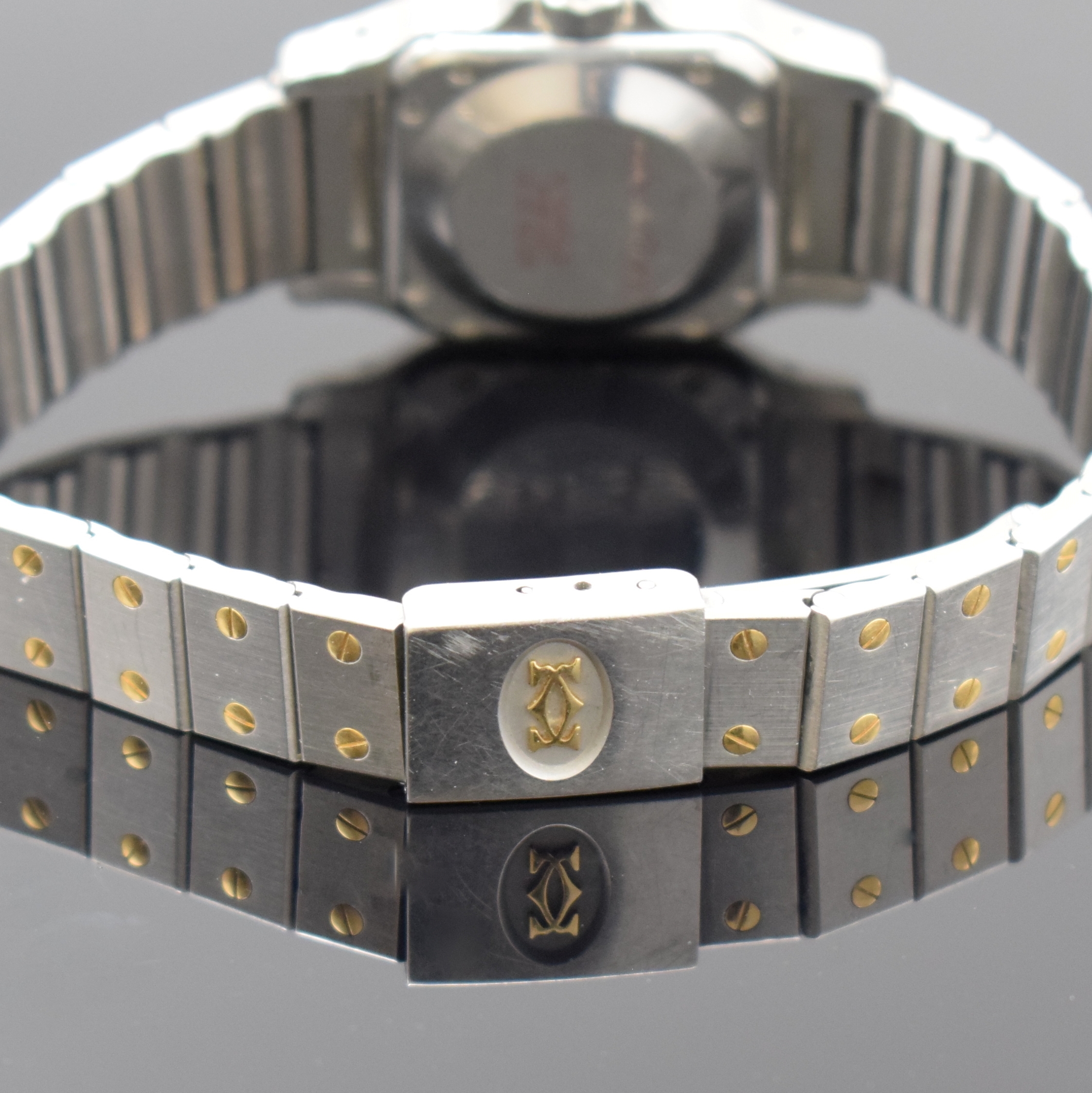 Detail b: CARTIER Santos Galbee Damenarmbanduhr, Schweiz um 1990, Automatik, Edelstahlgeh., Boden 8-fach verschr., orig. Gliederband m. Faltschl., ...