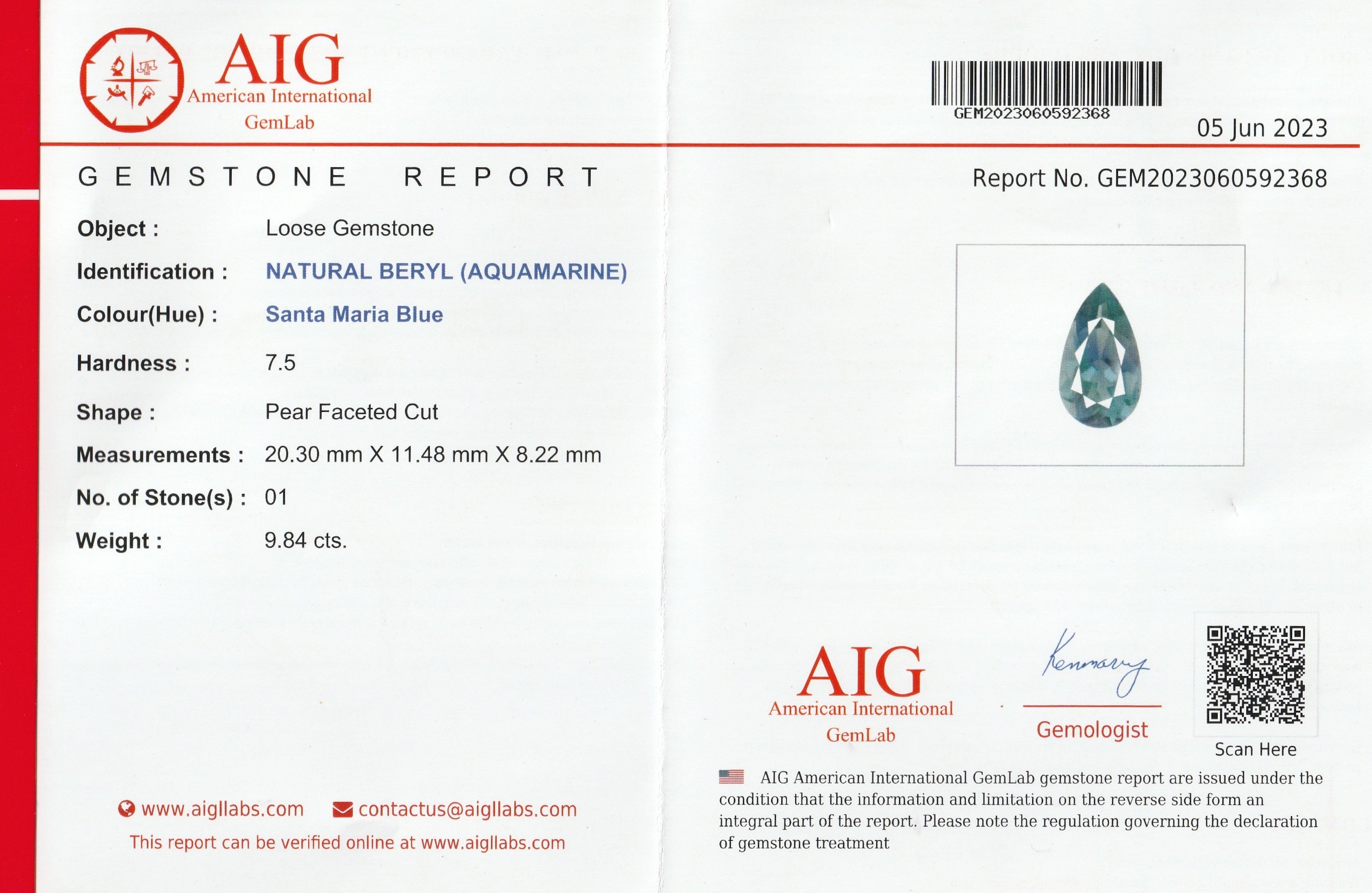 Detail c: Loser Aquamarintropfen ca. 9.84 ct, facett. Tropfen, 20.30 x 11.48 x 8.22 mm, Farbe Santa Maria Blau, mit AIG-Expertise