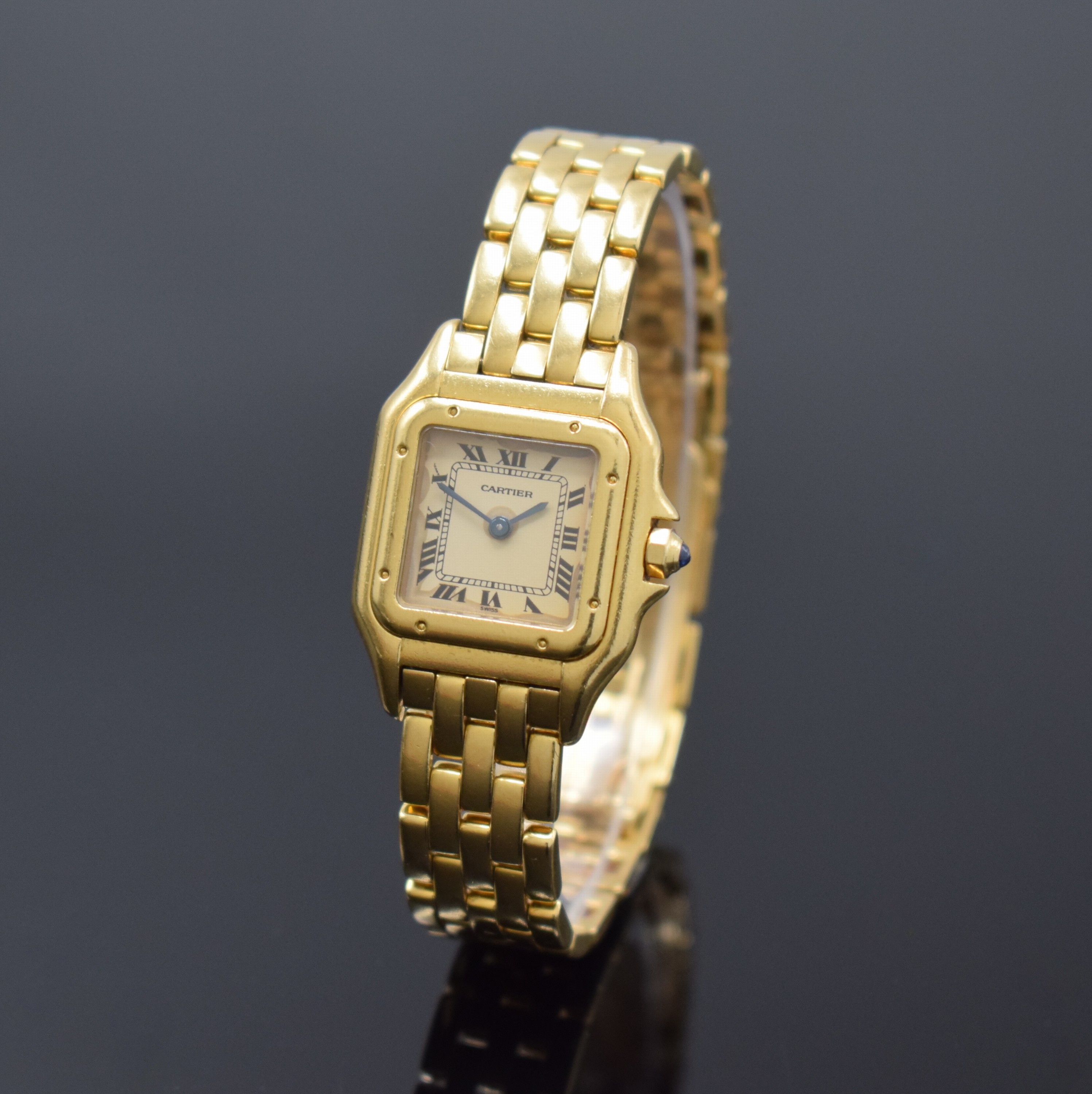 CARTIER Damenarmbanduhr in GG 750/000 Referenz 866911 Schweiz um 1985, quarz, Boden 8-fach verschr., Schmuckkrone, orig. Gliederband m. dopp. ...