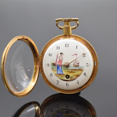 26917626b - 2 Spindeltaschenuhren davon eine mit Emailmalerei, Schweiz/Frankreich um 1820, 1x verg. ...