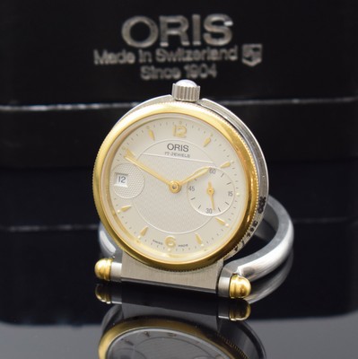 Image ORIS kleine Tischuhr in Stahl Referenz 7456, Schweiz um 1995, Handaufzug, beids. vergl. ...