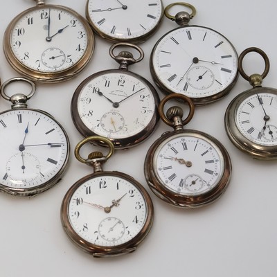 26917653b - Konvolut: 9 offene Taschenuhren, Schweiz um 1860-1920, 8 teils schön grav. Geh. ...