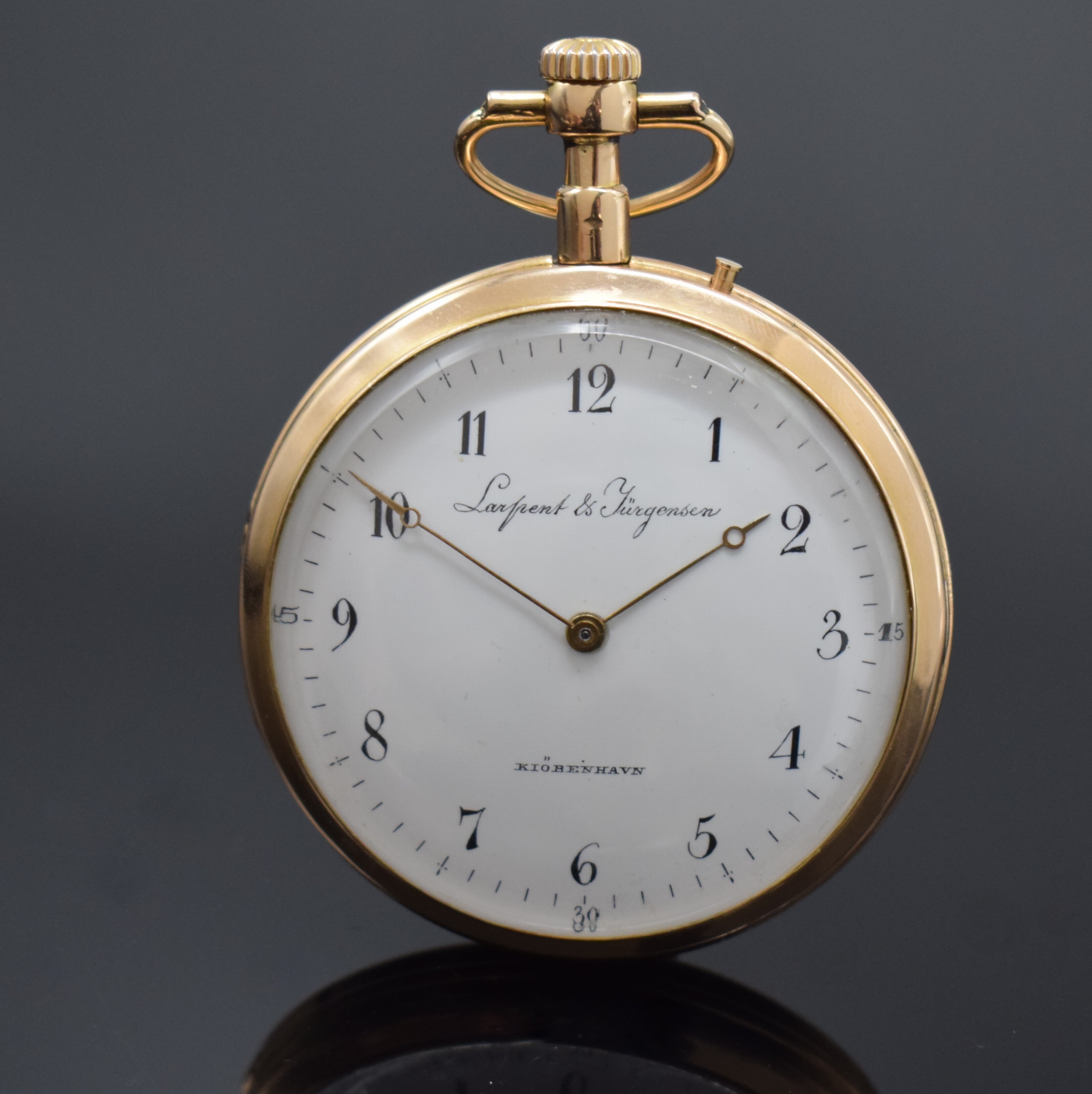 Schwere, offene Taschenuhr bezeichnet LARPENT & JÜRGENSEN in RG 750/000, Spindeluhr- Gehäuse mit später eingesetztem Brückenankerw., ...
