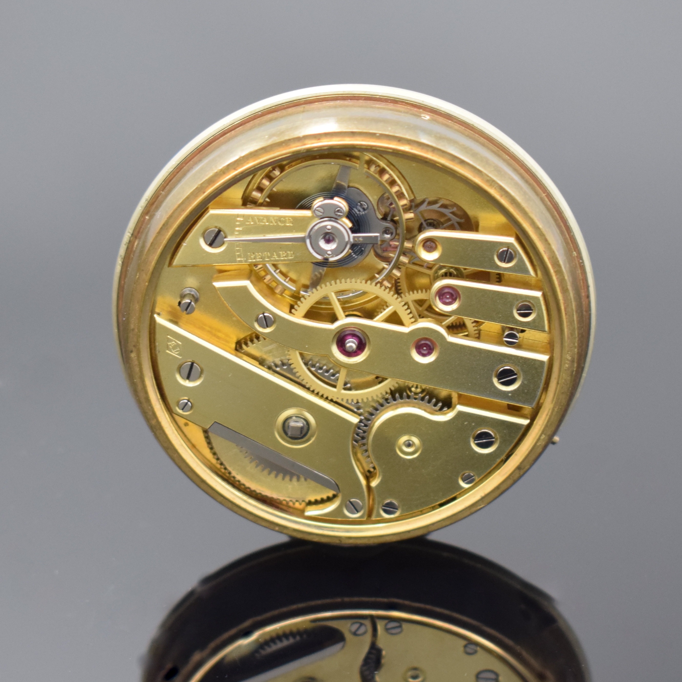 Detail b: Schwere, offene Taschenuhr bezeichnet LARPENT & JÜRGENSEN in RG 750/000, Spindeluhr- Gehäuse mit später eingesetztem Brückenankerw., ...
