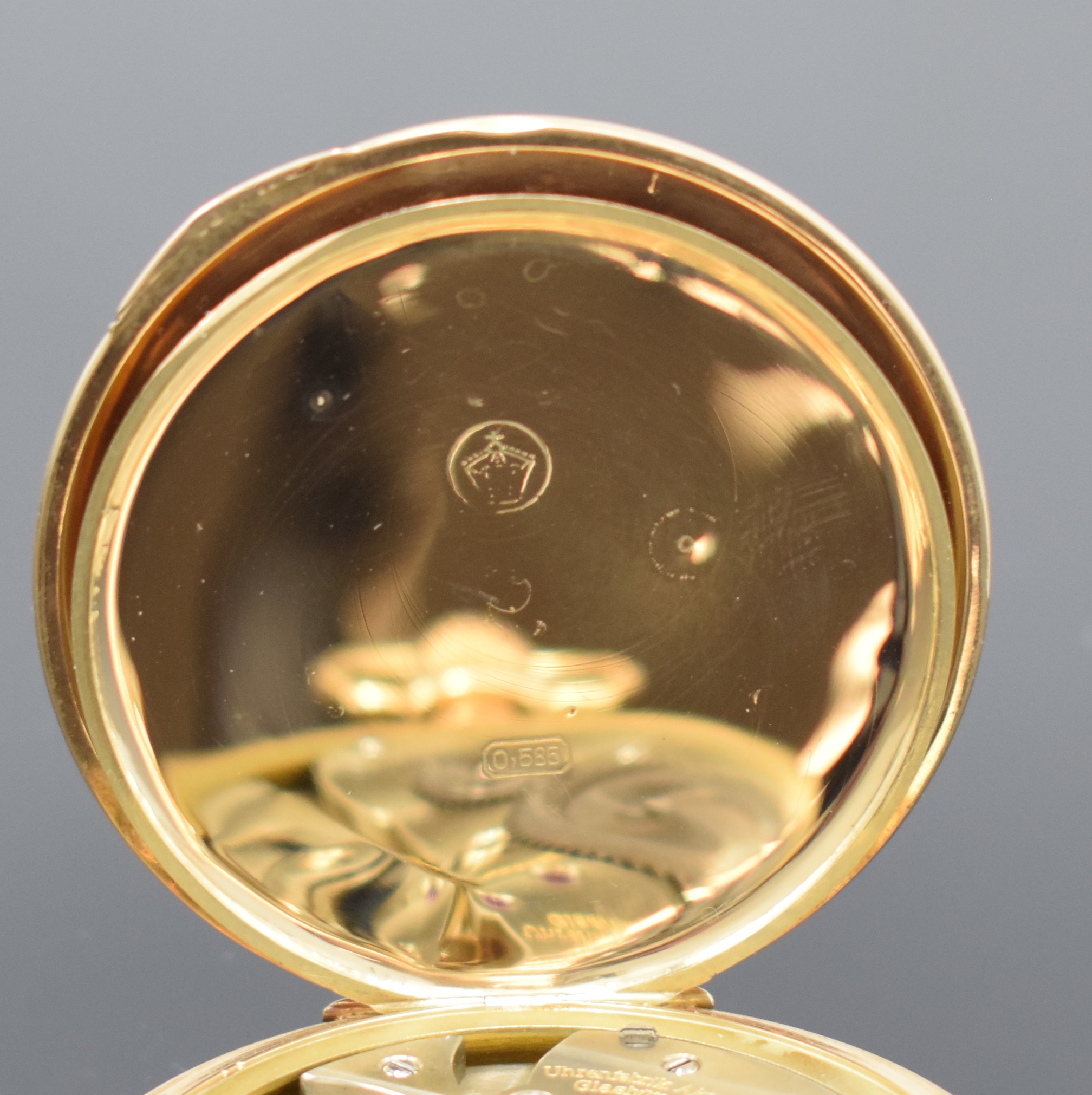 Detail c: DEUTSCHE PRÄZISIONSUHR ORIGINAL GLASHÜTTE offene Frackuhr in GG 585/000, Deutschland um 1925, glattes 2-Deckel Goldgeh. dell., verg. Zifferbl. m. ...