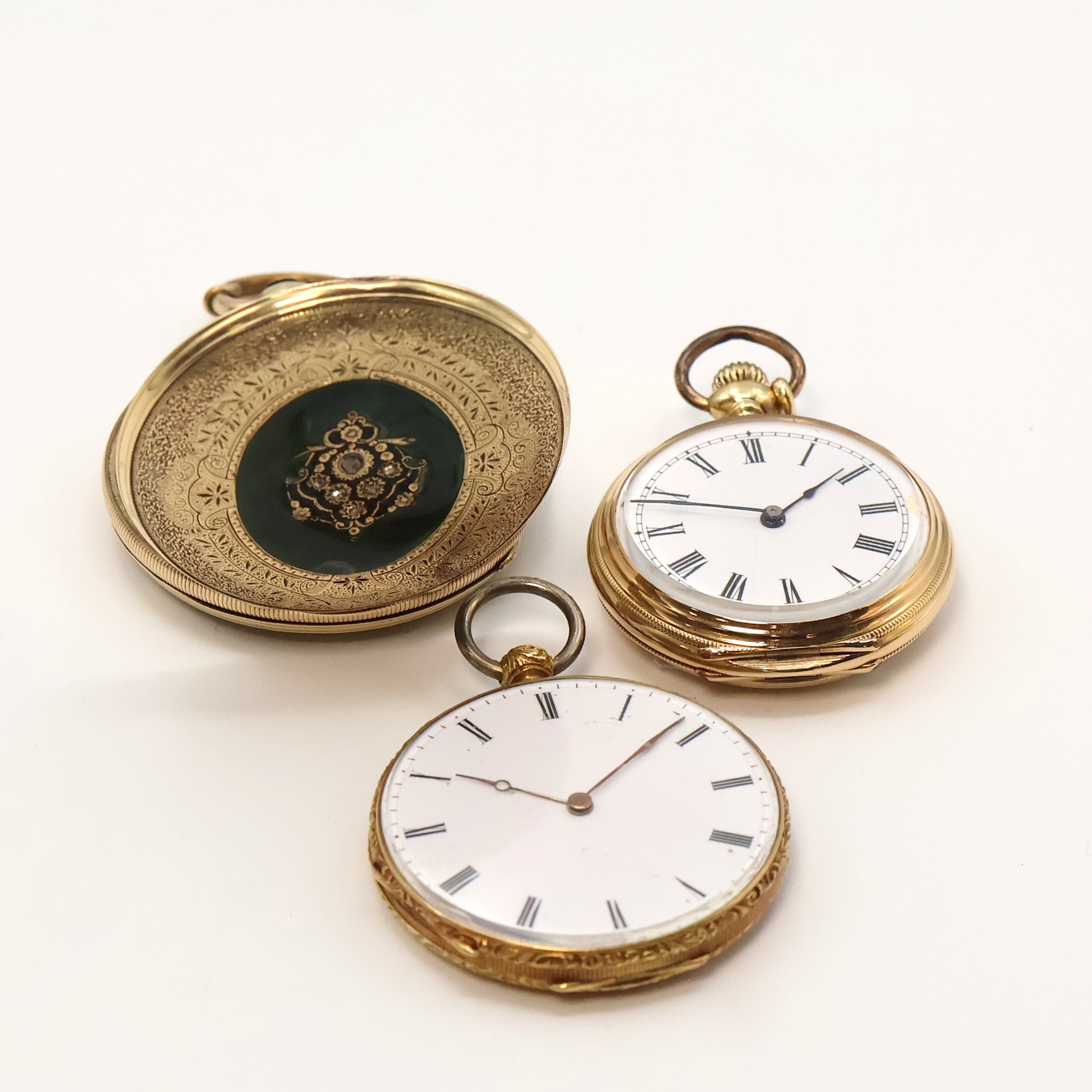 Detail a: 3 Taschenuhren in GG 750/000, 585/000 und vergoldet, Schweiz um 1840-1910, Schlüssel-/Kronenaufzug, 1) Offene Zylindertaschenuhr in 18k, ...