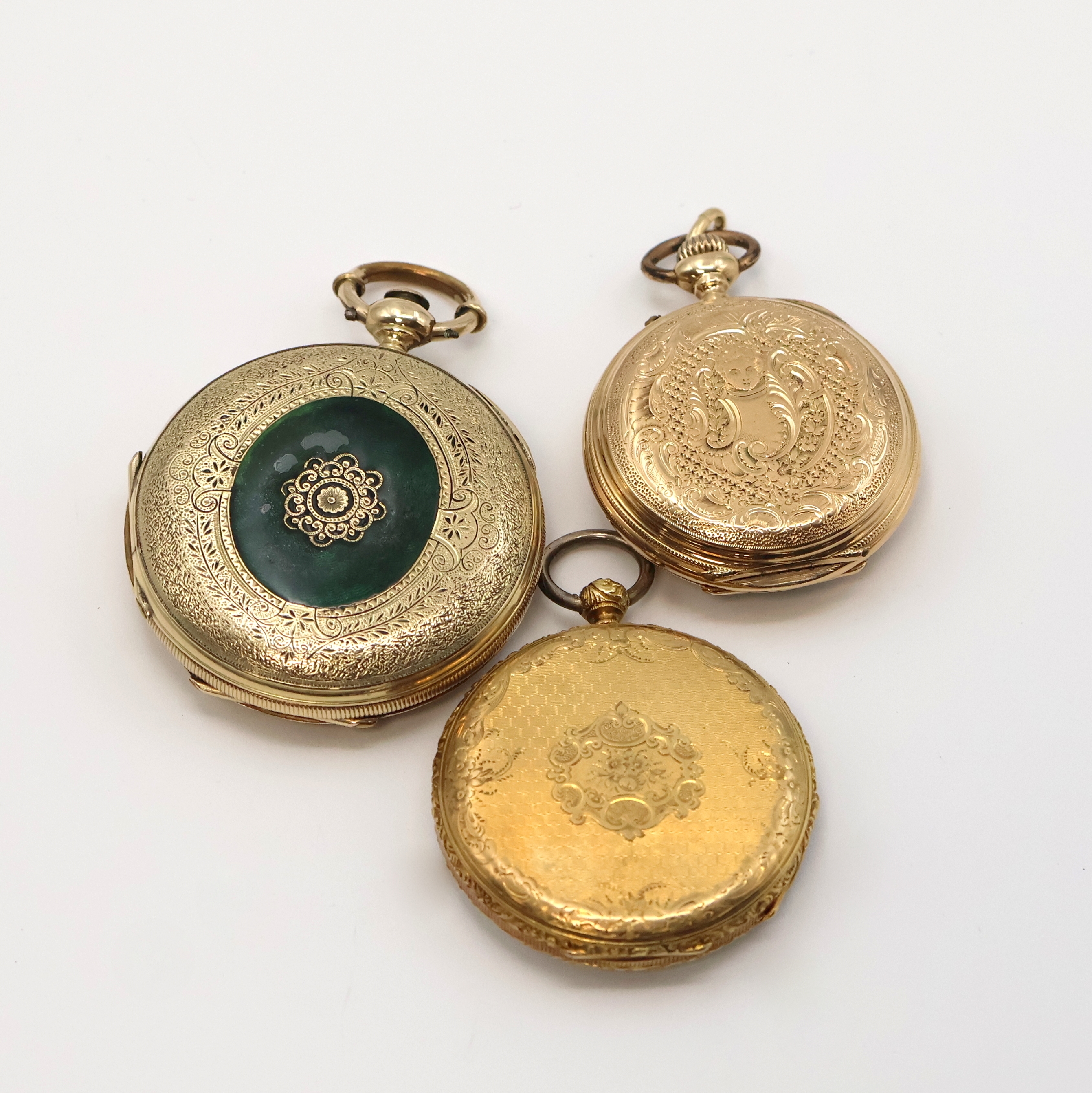 Detail b: 3 Taschenuhren in GG 750/000, 585/000 und vergoldet, Schweiz um 1840-1910, Schlüssel-/Kronenaufzug, 1) Offene Zylindertaschenuhr in 18k, ...