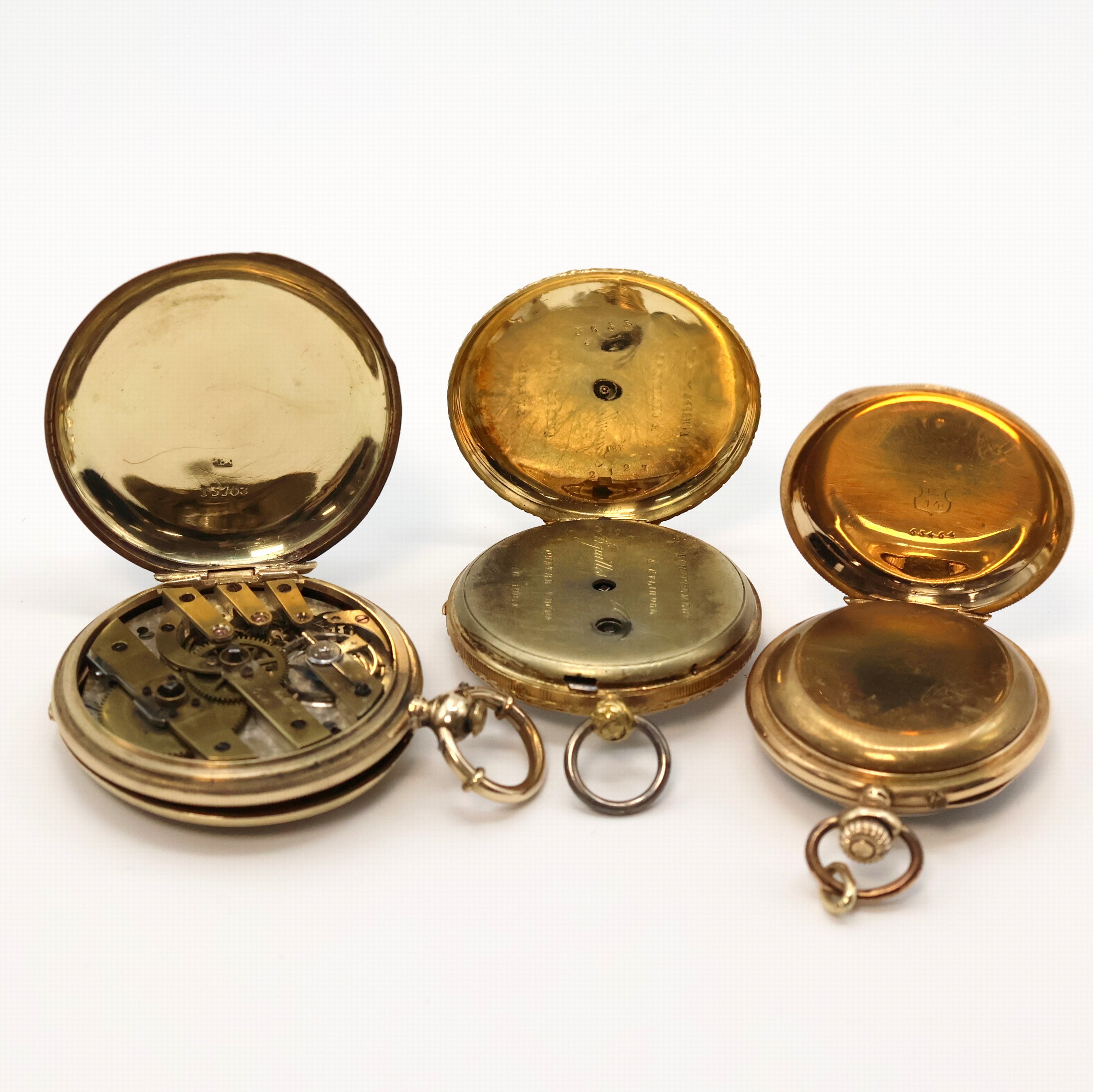 Detail c: 3 Taschenuhren in GG 750/000, 585/000 und vergoldet, Schweiz um 1840-1910, Schlüssel-/Kronenaufzug, 1) Offene Zylindertaschenuhr in 18k, ...