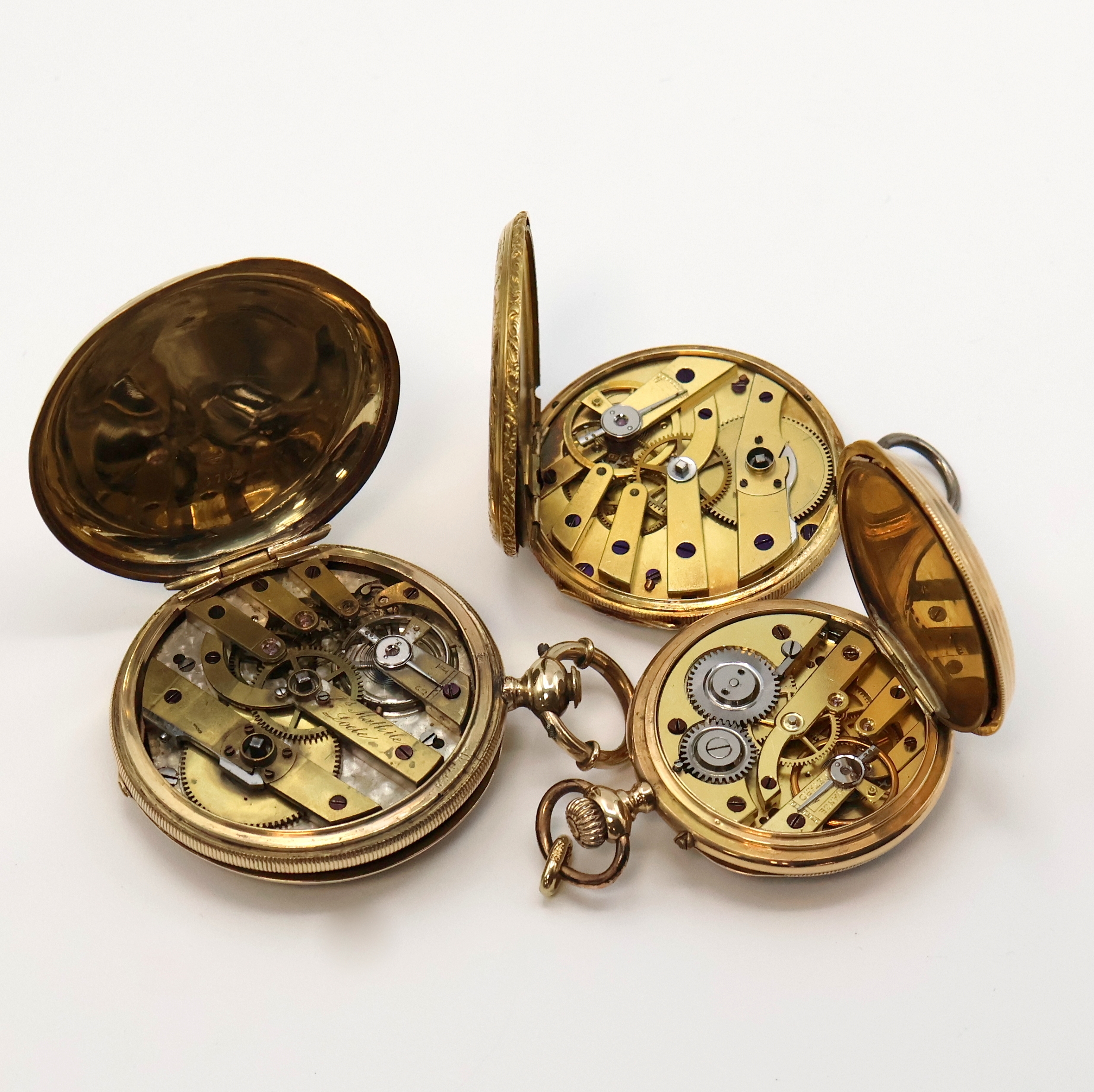 Detail d: 3 Taschenuhren in GG 750/000, 585/000 und vergoldet, Schweiz um 1840-1910, Schlüssel-/Kronenaufzug, 1) Offene Zylindertaschenuhr in 18k, ...